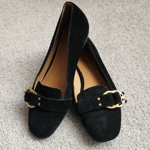Tory Burch Black and Gold Flats with Decorative Buckle